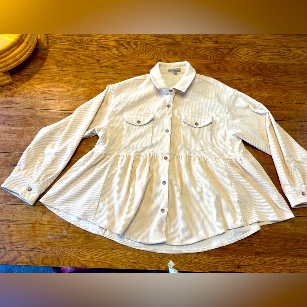 Cream Corduroy Garden Girl Scandi Euro Summer Babydoll Button Up Shirt/Jacket